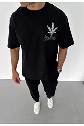 Unisex Bisiklet Yaka Baskılı Oversize T-Shirt - Siyah