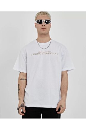 Unisex Bisiklet Yaka Baskılı Oversize T-Shirt - Beyaz