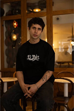 MyTerrax Unisex Bisiklet Yaka Baskılı Oversize T-Shirt - Siyah