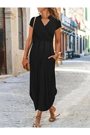 Kadın Kısa Kollu Hakim V Yaka Viskon Elbise