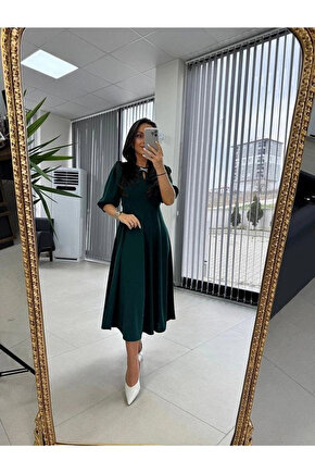 Kadın Kısa Kollu Bisiklet Yaka Fiyonk Broşlu Midi Janjan Krep Elbise