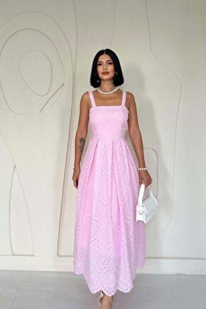 Pembe Askılı Aparatlı Brode Elbise