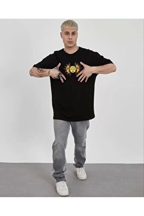 Unisex Bisiklet Yaka Baskılı Oversize T-Shirt - Siyah