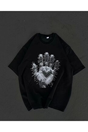 Unisex Bisiklet Yaka Baskılı Oversize T-Shirt - Siyah