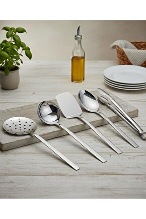 5 Parça Kepçe Kevgir Spatula Maşa ve Servis Kaşığı Seti Paslanmaz Çelik