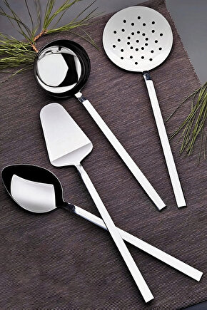 4 Parça Kepçe Kevgir Spatula Servis Kaşığı Seti Paslanmaz Çelik
