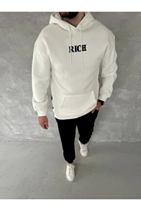 Uzun Kol Kapşonlu Göğüs Baskılı SweatShirt - Beyaz