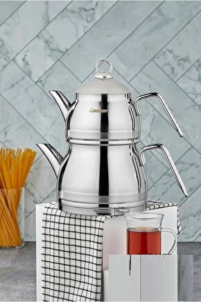 Yeşil Cooker 4 Parça Lisa Çaydanlık Aile Boy Gümüş Paslanmaz Çelik