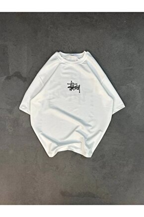 Unisex Bisiklet Yaka Baskılı Oversize T-Shirt - Beyaz
