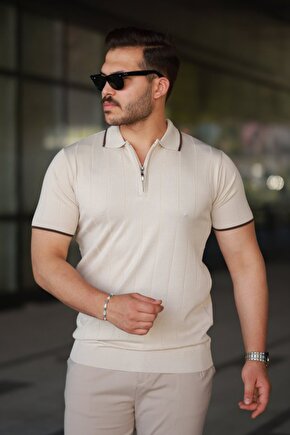 Erkek Fermuar Yakalı çizgi Dokulu Kısa Kollu Tişört