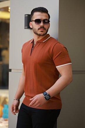 Erkek Fermuar Yakalı çizgi Dokulu Kısa Kollu Tişört