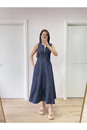 Jeans Kot Önü Tam Fermuarlı Kadın Uzun Elbise - Mavi