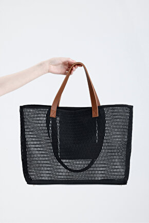 Kadın Siyah Petek Desenli Şeffaf Büyük Boy Plaj Ve Alışveriş Shopper Tote Omuz Çantası