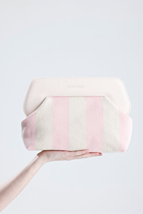 Heybes Kadın Pembe Çizgi Desenli Kanvas Clutch El Çantası