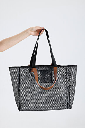 Kadın Siyah File Şeffaf Büyük Boy Plaj Ve Alışveriş Shopper Tote Omuz Çantası