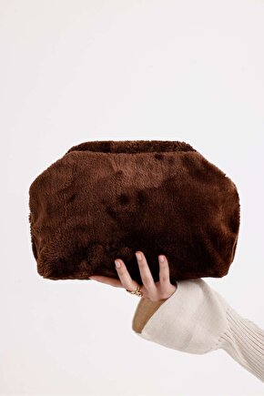 Heybes Kadın Koyu Kahverengi Peluş Teddy Clutch Çanta