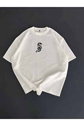 Baskılı Oversize Bisiklet Yaka T-shirt - Beyaz