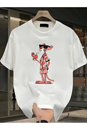 Pembe Panter Baskılı Erkek Oversize Günlük Kısa Kollu Tişört İlkbahar ve Yaz için Mükemmeldir - Beya