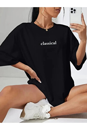 201 Penye Compack Classical Baskılı Siyah Oversize Tişort - Siyah
