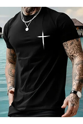 201 Penye Compack Baskılı Oversize Bisiklet Yaka Kısa Kol T-shirt - Siyah