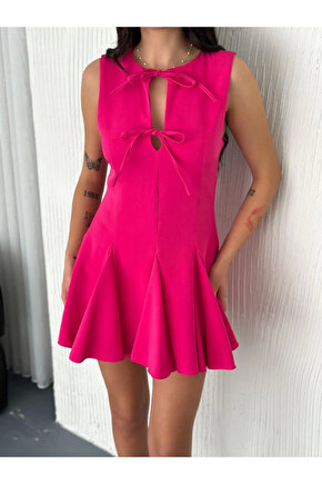 Göğüs Bağlamalı Kolsuz Mini Boy Elbise - Pembe