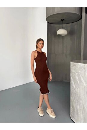 Fırfır Detaylı Triko Elbise- Kahverengi