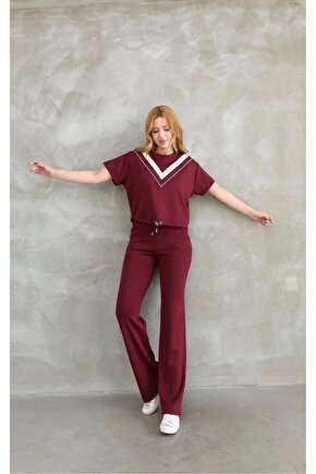 Osy Modal Yumuşak dokulu Kumaş Bisiklet Yaka Parçalı detaylı Kısa Kollu Takım - Bordo