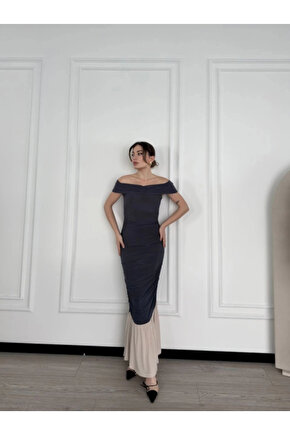 MDB triptiz Omuzlu Uzun Elbise Füme