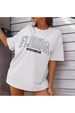 Kadın Bisiklet Yaka Baskılı Beyaz T-shirt