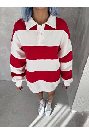 Unisex Üç İplik Parçalı Yakalı SweatShirt - Kırmızı