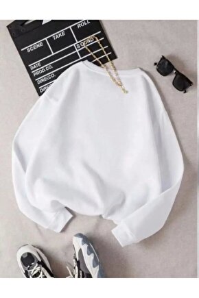 Unisex Üç İplik Biskilet Yaka SweatShirt - Beyaz