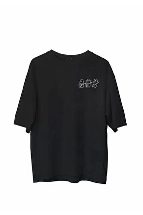 Unisex Bisiklet Yaka Baskılı Oversize T-Shirt - Siyah