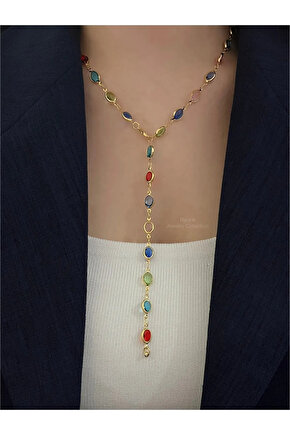 Renkli Oval Taşlı Y Kolye