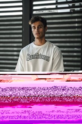 Unisex Bisiklet Yaka Baskılı Oversize T-Shirt - Beyaz