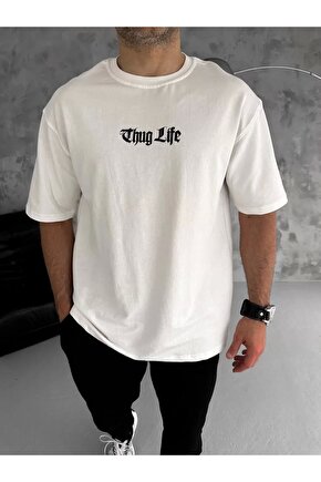 Unisex Bisiklet Yaka Baskılı Oversize T-Shirt - Beyaz