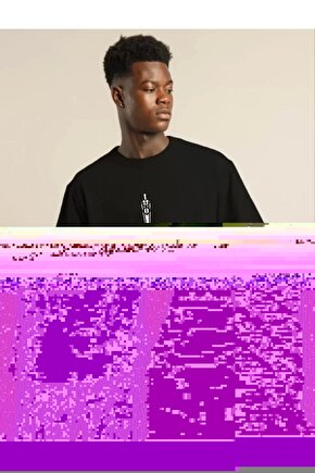 Unisex Bisiklet Yaka Baskılı Oversize T-Shirt - Siyah