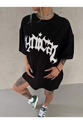 Unisex Bisiklet Yaka Baskılı Oversize T-Shirt - Siyah