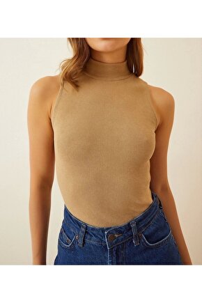 Kadın Full Likralı Fitilli Kaşkorse Yarım Boğazlı Body Fitilli Atlet