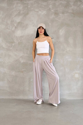 Osy Modal Yumuşak Dokulu Kadın Kumaş Boru Paça Salaş Eşofman - Bej