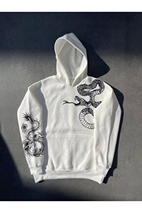 Uzun Kol Kapüşonlu Baskılı SweatShirt - Beyaz