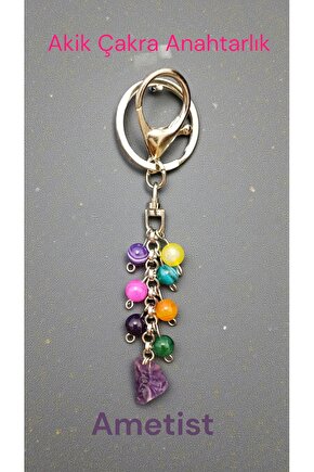 Doğal Tas Akik Çakra Anahtarlik Çelik Zincir,8mm Taş,Ametist doğal kesim 1 cm uç tas.l
