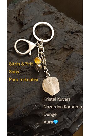 Doğal Taş Anahtarlık Kristal Kuvars Sitrin Pirit Para Bereket Koruma 8mm 2 cmm çelik zincir