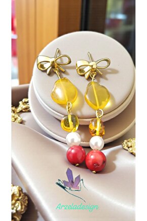 Doğal Tas Kehribar İnci Mercan Altın Kaplama Küpe