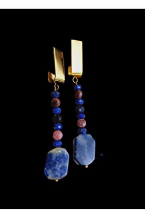 Dogal Taş Küpe Sodalit Lapis Lazuli Rodonit Birlikteligi Özgüven Kristalleri