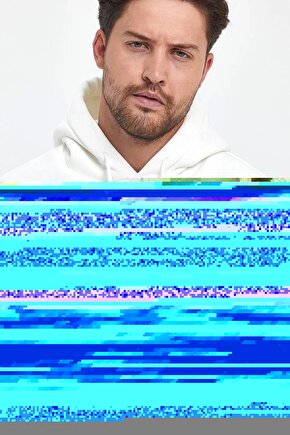 Unisex Kapüşonlu Üç İplik Oversize Baskılı Sweatshirt - Beyaz