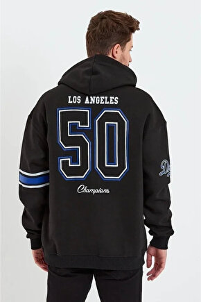 Erkek Baskılı Kapşonlu Üç Iplik Oversize Sweatshirt - Siyah