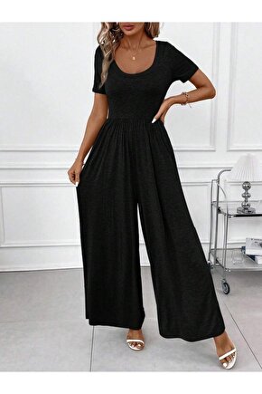 Kadın Kısa Kollu Yuvarlak Yaka Geniş Paçalı Bürümcük Tulum