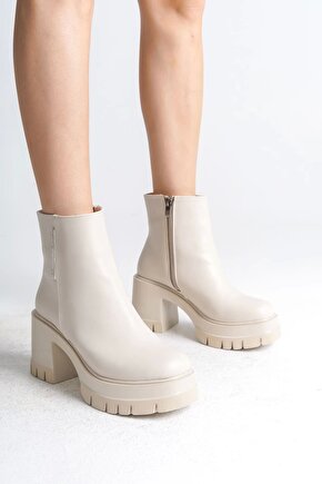 LISSE Fermuarlı Ortopedik Taban Kalın Topuklu Kadın Bot CKT - Krem