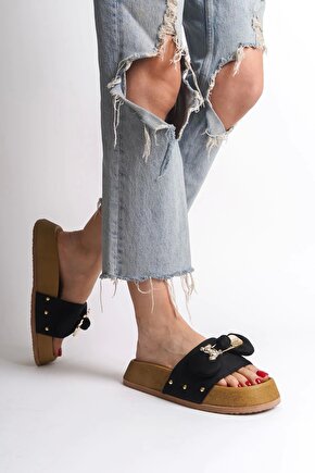 DILA Kalın ve Ortopedik Taban Ayıcıklı Saten Kadın Terlik SKT - Siyah