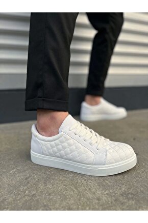 JY166 Prestige Bağcıklı Cilt Kapitone Desenli Erkek Günlük Sneaker Ayakkabı CBT - Beyaz